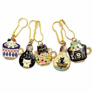 Cat in Mug Knitting Stitch Markers Set Gold Tone Crochet Charms